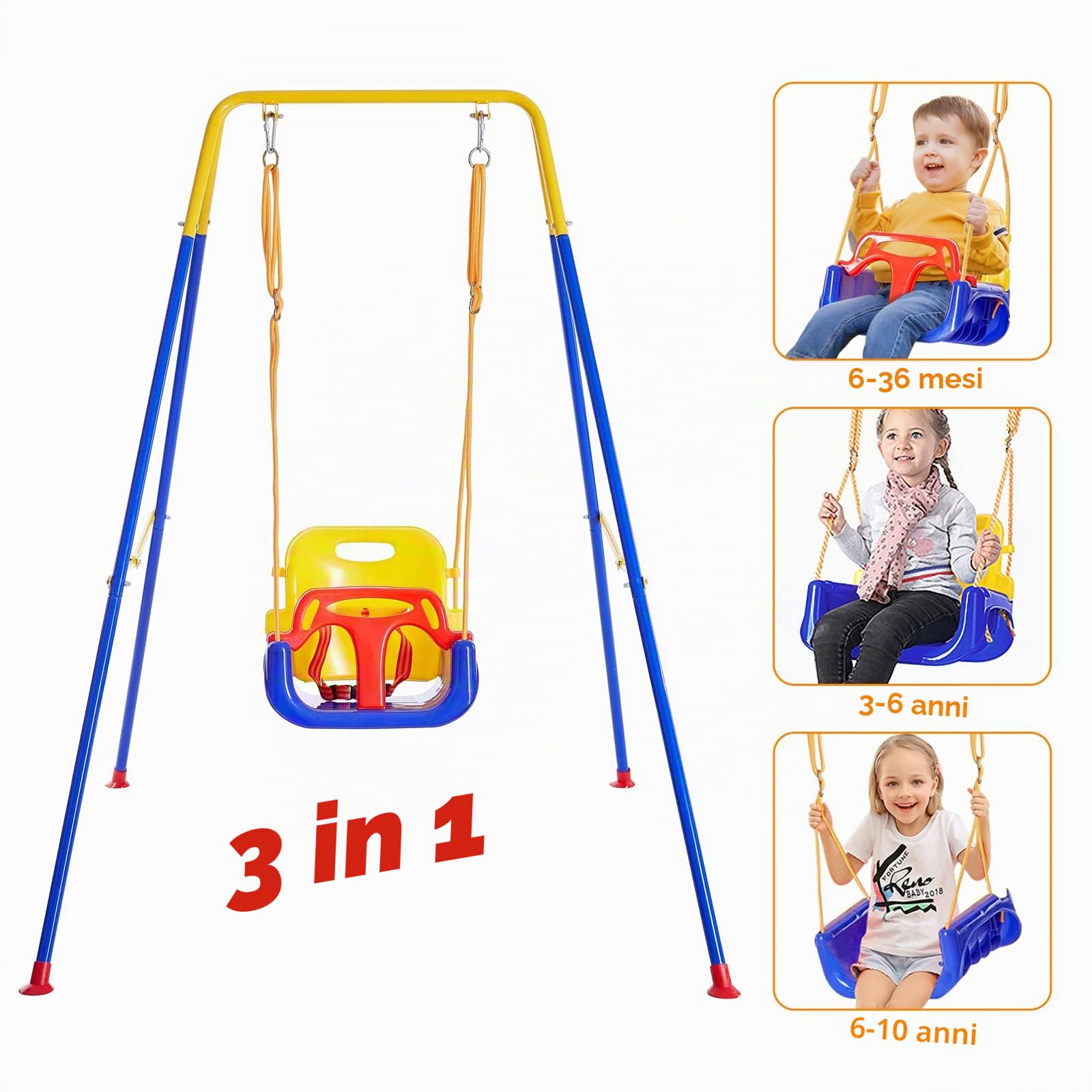 FUNLIO 3-in-1 Altalena per Bambini & 4 Sacchi di Sabbia, Resistente per Cortile, Altalena per Bambini Indoor/Outdoor, Supporto in Metallo Pieghevole e Istruzioni Chiare, Facile da Montare e Conservare
