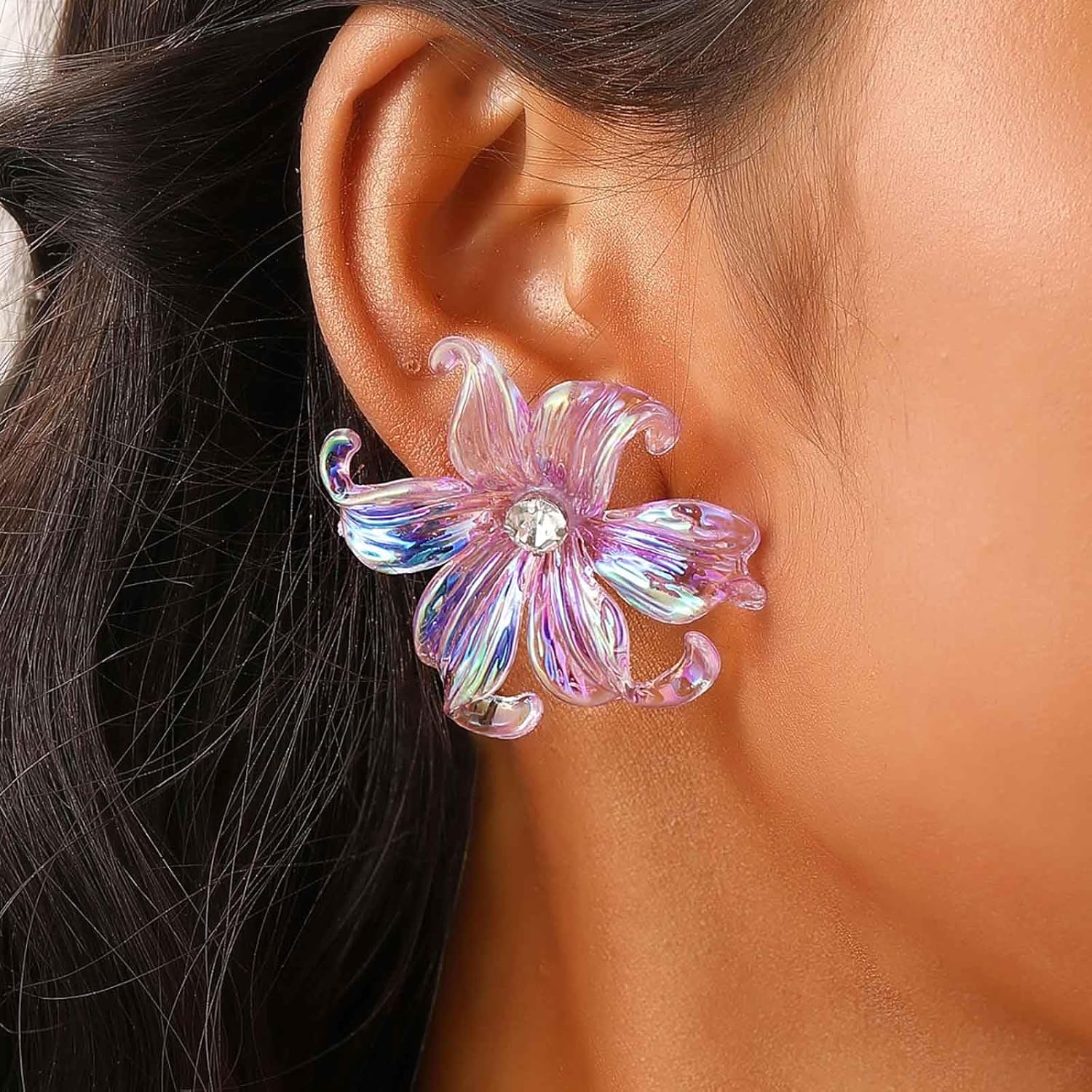 Boho Acrylic Flower Earrings Large Purple Flower Earrings Big Resin Flower Petal Earrings Huge CZ Floral Studs Earrings Sparkly Flower Acrylic Earrings Wedding Petal Earrings for Women - Image 2