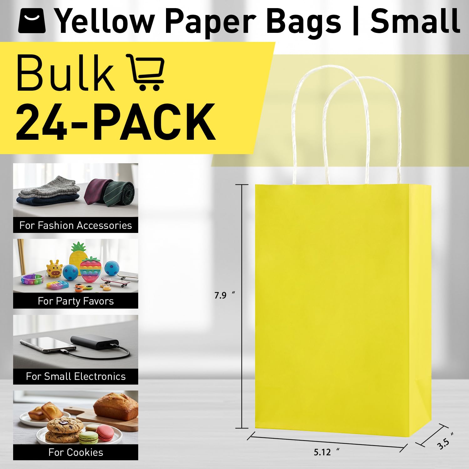 SUNCOLOR 24-Pack Yellow Paper Gift Bags with Handles, 7.9x5.12x3.15 Inches,Small Kraft Paper Bags, Includes Tissue Paper for Parties, Birthdays, Easter, Baby Showers