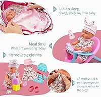 Vista 4 de Juego de Juguetes de Cochecito para Muñeca de Bebé con Muñeca de Bebé de 13'', Cama de Muñeca, Silla de Comedor, 26 Piezas de Accesorios para Muñeca