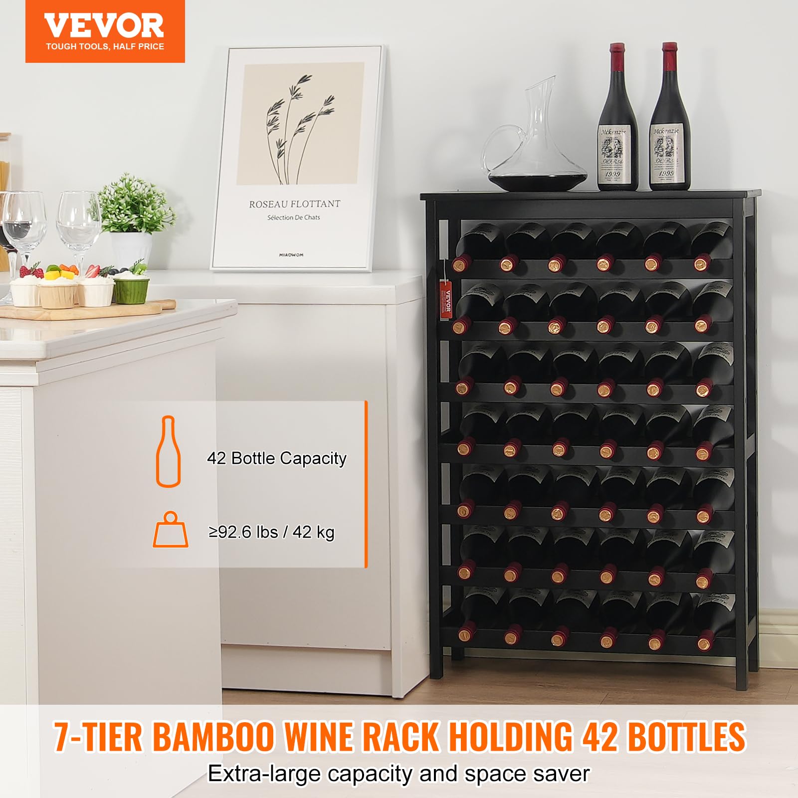 VEVOR Botellero Apilable de Vino para 42 Botellas Estante de Almacenamiento de Bambú 660x290x1000 mm Botellero Independiente de 7 Niveles Estantes sin Sacudidas para Cocina, Bar, Bodega, Negro