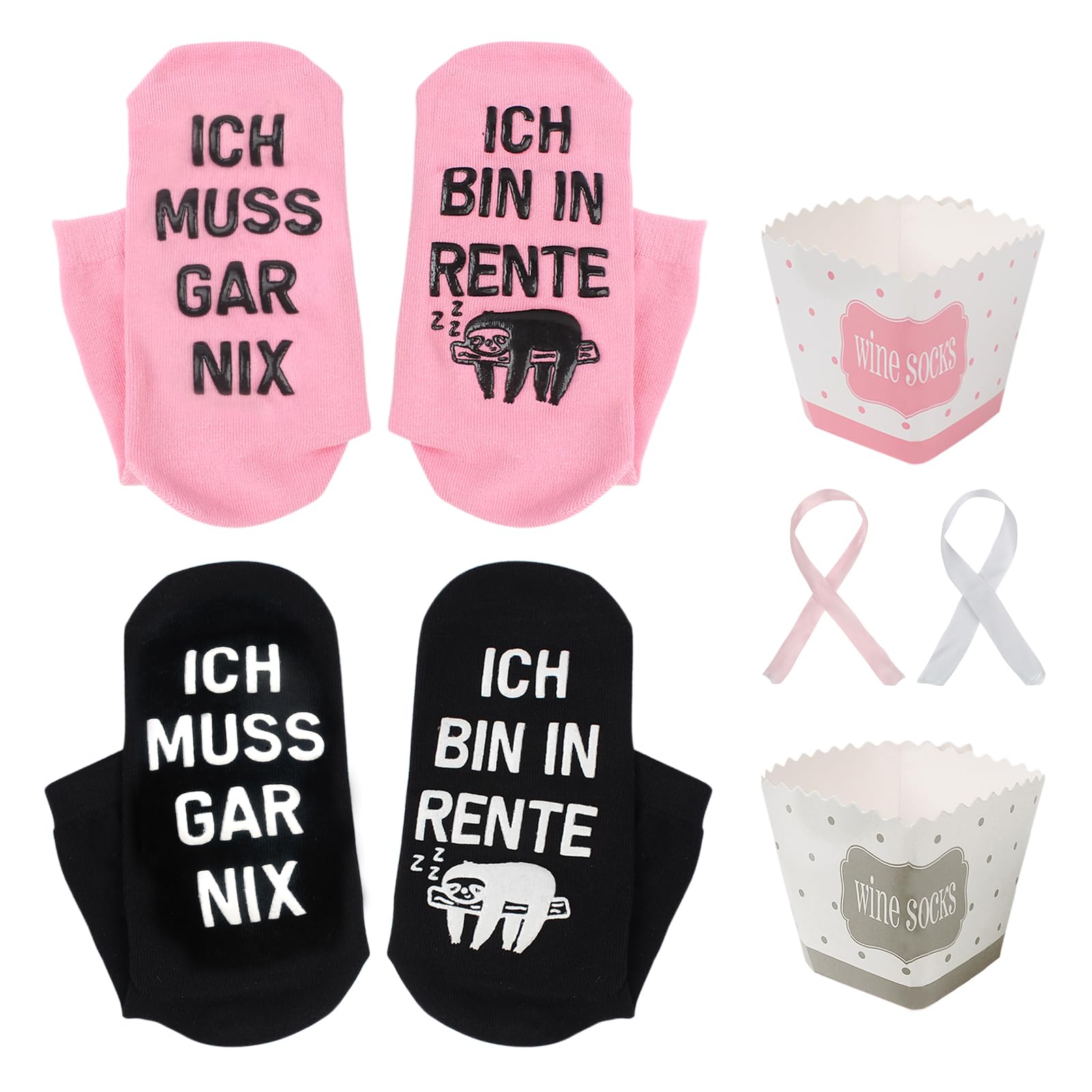 WYTNB 2 Paar Rentner Geschenk Socken, Rutschfeste Frau Kuschelsocken, Schwarze Witzige Socken met Wörter, Schön Rosa Lustigen Socken, Socken Renteneintritt Geschenk Frau für Geburtstage Weihnachten