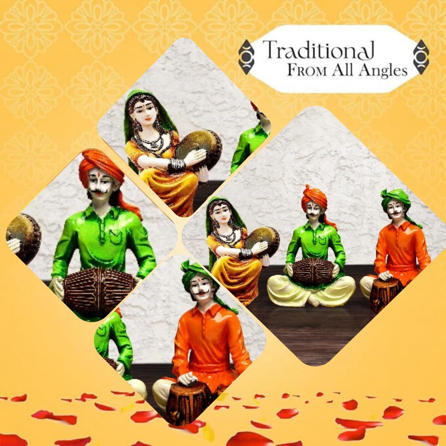 Karigaari India Traditions of Rajasthani : Man Playing Tabla with Dafli Lady & Dholak Man (Multicolor) 3