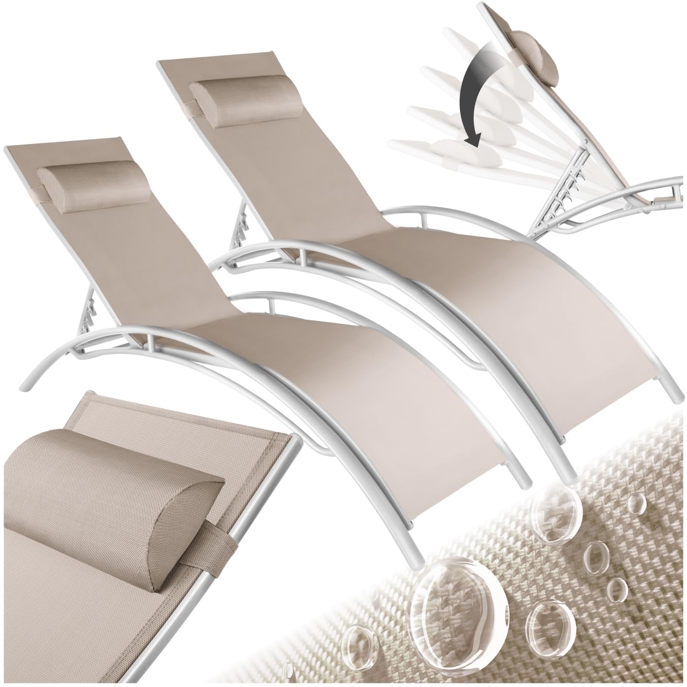 TecTake® Set de 2 Tumbonas Jardín Exterior, Tumbona con Reposacabezas, Tumbona Playa Reclinable en 7 Posiciones, Tumbona Piscina en Aluminio, Carga Máx. 120 kg, Fácil Montaje - Beige