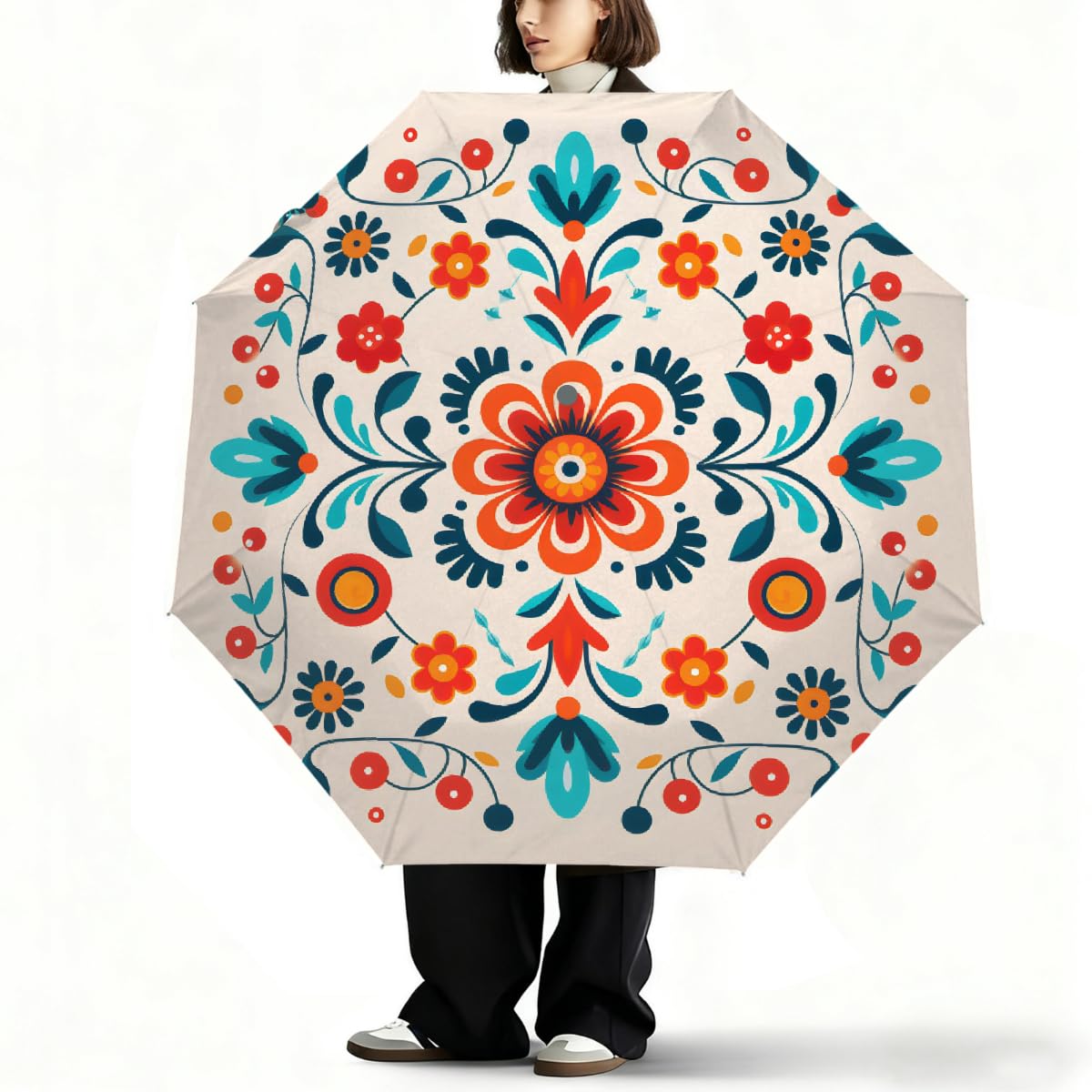 Ombrello pieghevole etnico mandala fiore foglie ombrello da viaggio compatto antivento impermeabile con protezione UV rivestimento nero leggero 8 coste portatile per pioggia sole