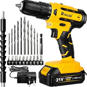 Cordless Drill Set 21V, 21+1 Torque Combi Drill with 1.5 AH Battery, 2A Charger, 10mm Heave Duty DrillChuck, 2 Variable Speed, LED Work Light, 20Pcs Drill Bits, Home and Garden DIY Project Kit
