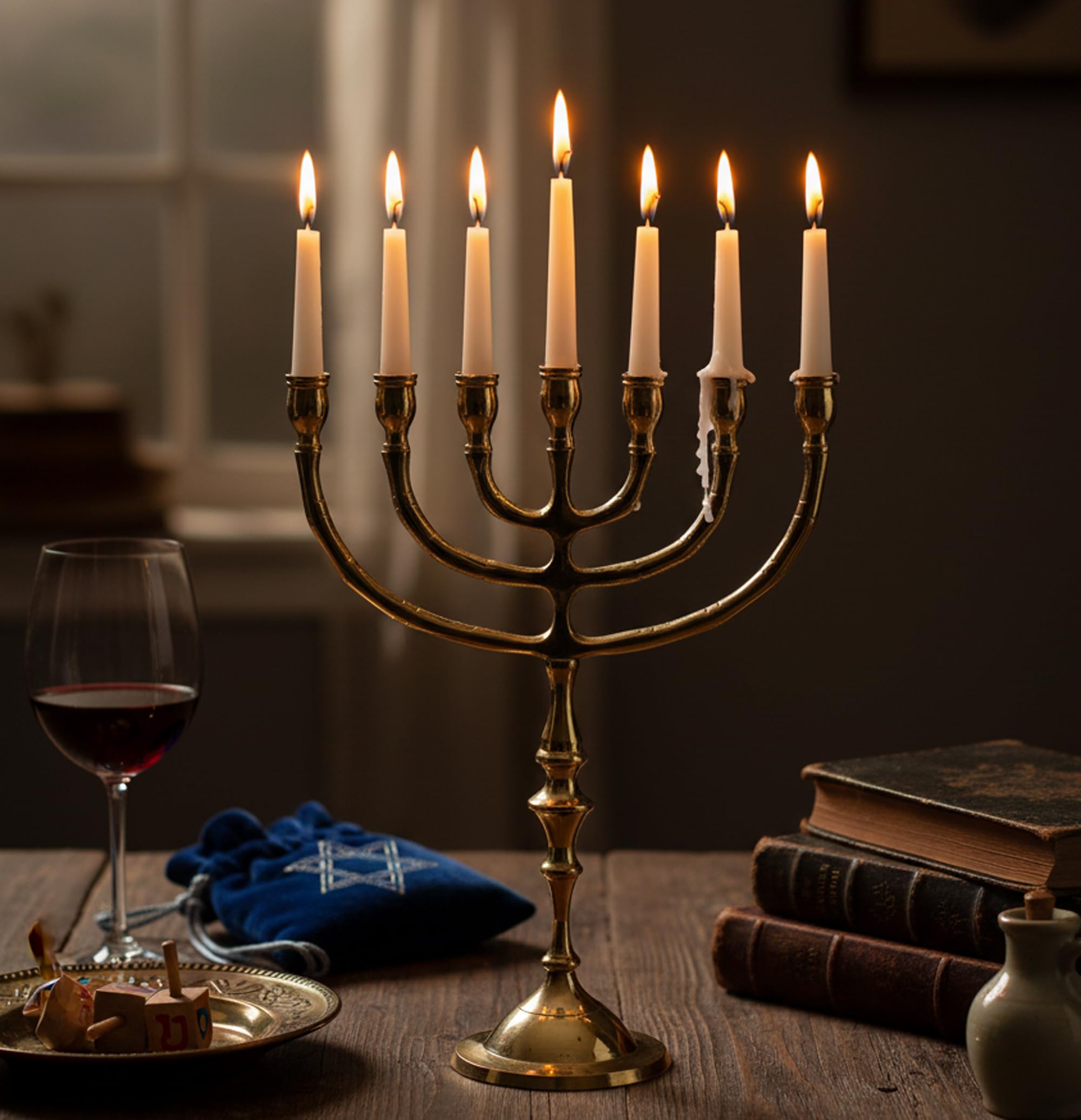 eSplanade Menora-Kerzenhalter aus reinem Messing, Tischdekoration und jüdischer Kerzenhalter für Heimdekoration, Hochzeit, Kirche, Diwali-Dekoration (7 Zweige)