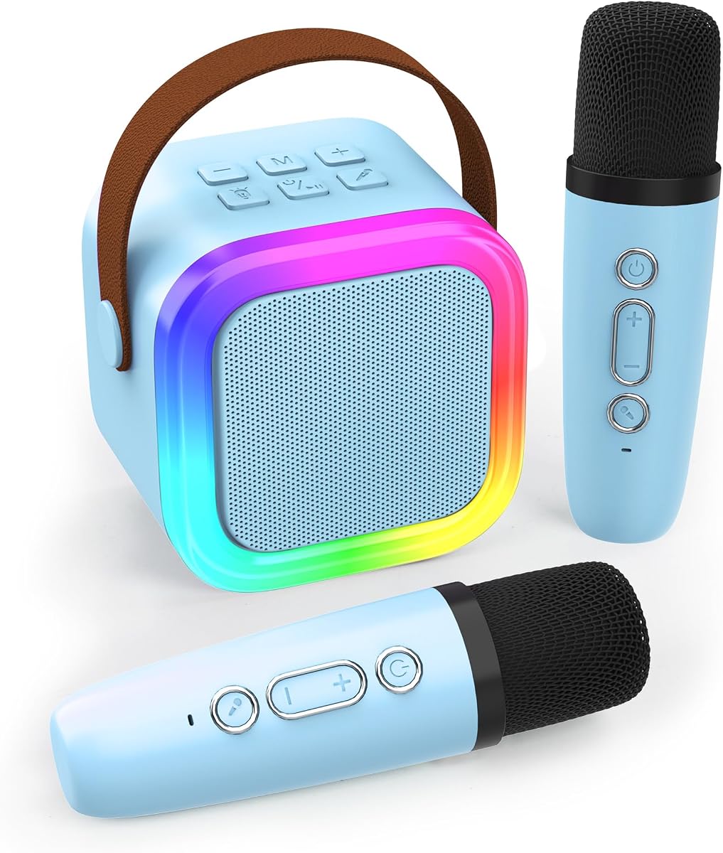 Mini máquina de Karaoke para niños y adultos, Altavoz Bluetooth portátil | Altavoz para niños con 2 micrófonos inalámbricos, juguetes, regalos de cumpleaños para niñas de 4, 5, 6, 7, 8,9, 10, 11, 12 años + fiesta en casa (azul)