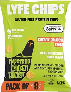 ZC LYFE Creamy Jalapeno Ranch Protein Chips, Gluten Free Keto Chicken Beast Chips, Crunchy High Protein (8g/serv) and Low Carb (4g/serv) Snack, On-the-Go, 1oz Bags (Pack of 8)