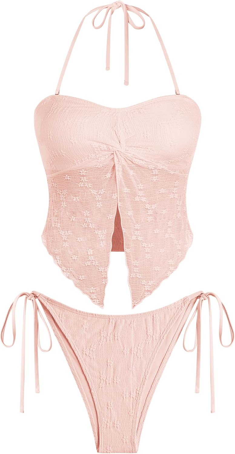 ZAFUL Floral Twist Bikini Set for Women Halter Tankini Tie Side String Swimsuit Two Piece Bathing Suit