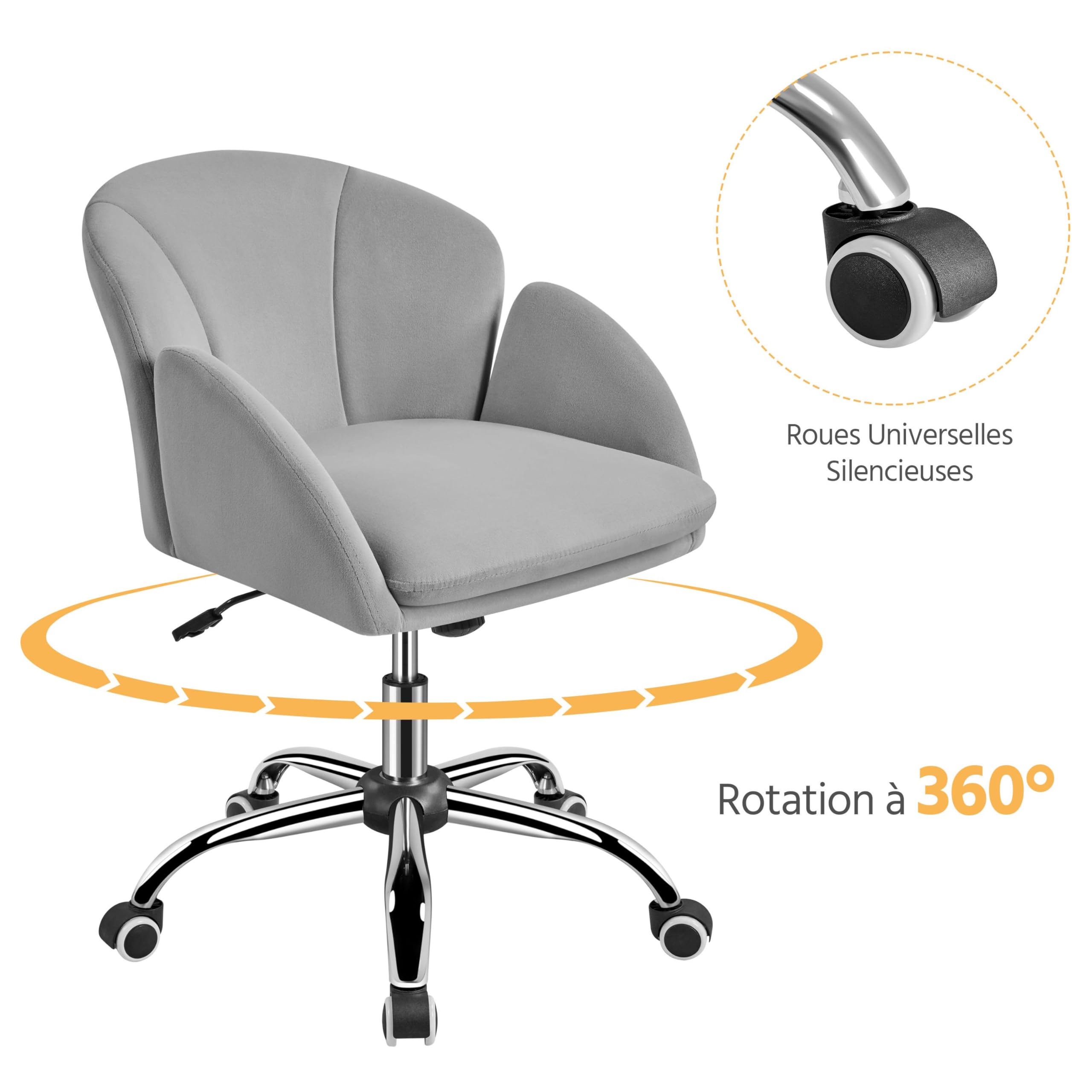 Yaheetech Sedia da ufficio Design Fiore Sedia da ufficio in Velluto Altezza regolabile con schienale arrotondato reclinabile per camera da letto, biblioteca, grigio chiaro