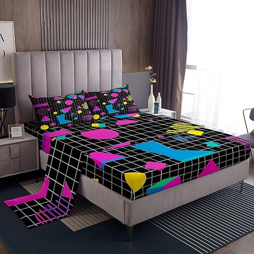 Erosebridal Juego de sábanas de geometría de los años 80 y 90, estilo hipster, juego de sábanas de estilo moderno de los años ochenta, tamaño Queen,
