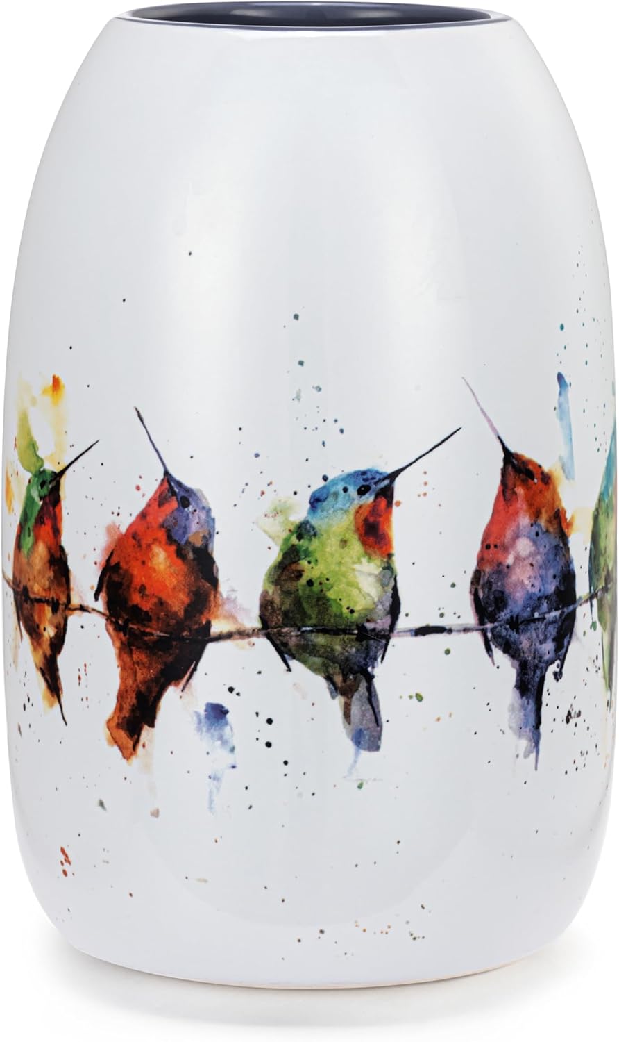 DEMDACO Dean Crouser Collection Watercolor Hummers On A Wire Colorful 7 x 4.5 Stoneware Decorative Bud Floral Flower Vase Container Vessel