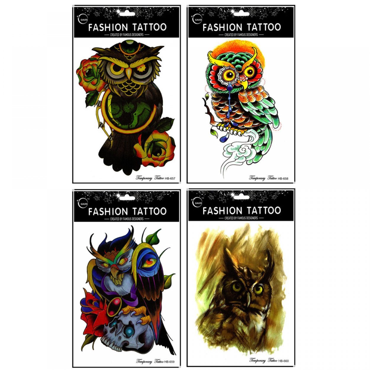 GGSELL GGSELL waterproof and non toxic 4pcs different colorful owl temporary tattoos designs in one package