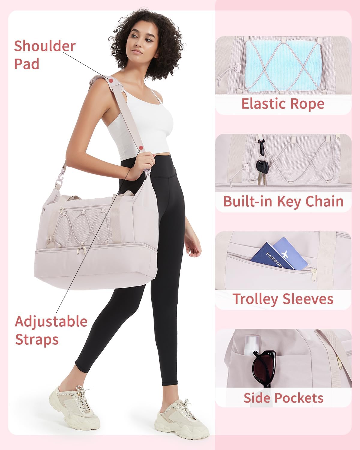 sportsnew Gym Travel Bag for Women, Large Travel Duffel with Shoe Compartment and Wet Pocket, Water Resistant Weekender Overnight Carry on Sports Tote Bags, Beige,Patent Pending - Image 5