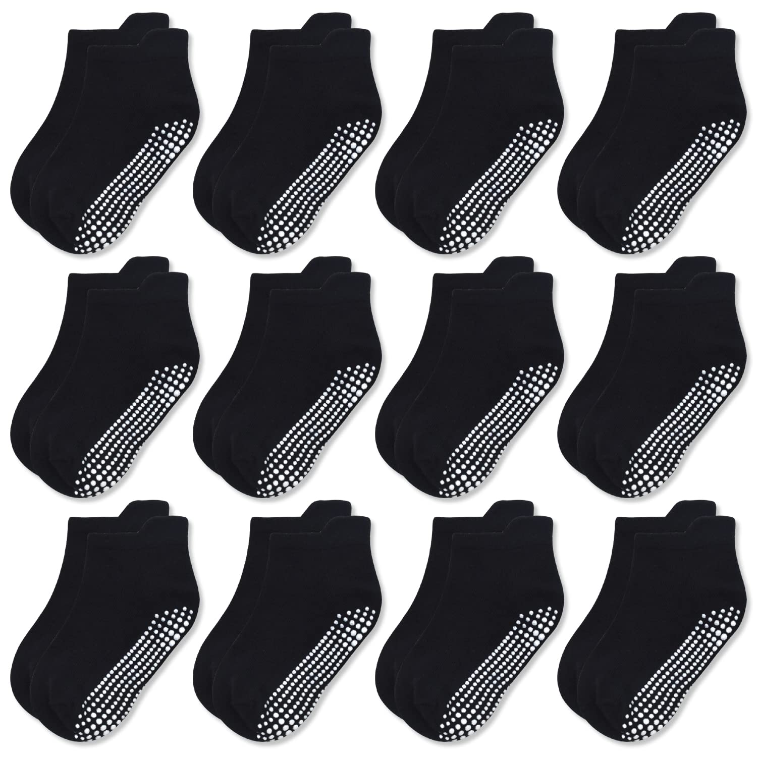 GRPSKCOS Non Slip Toddler Socks 12 Pairs Anti Skid Ankle Socks For Kids Boys Grips Cotton Crew Socks For 1-7 Years Children (#4 Black -12 Pairs, 6-12 Months)