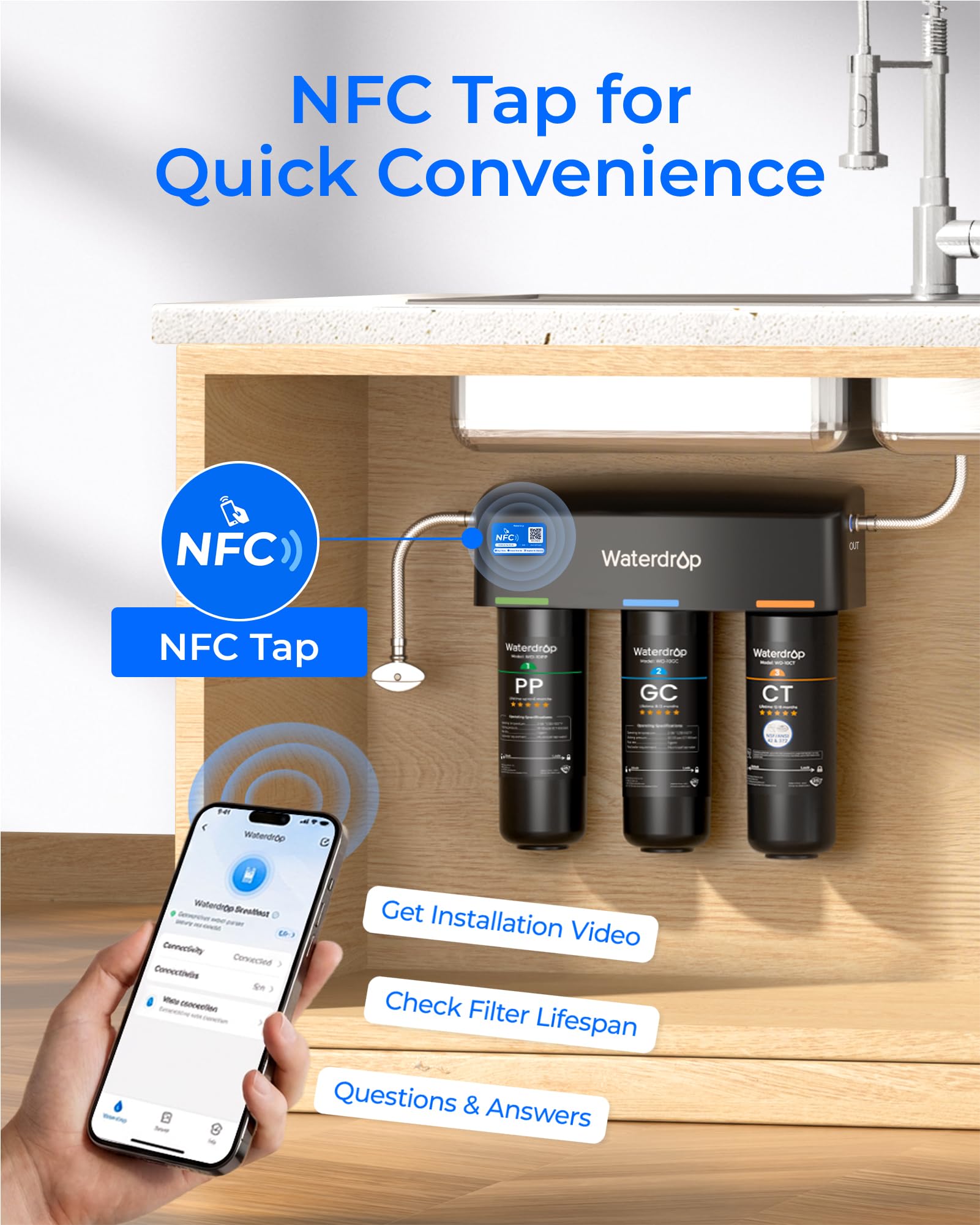 Waterdrop TSA system filtrowania wody pod zlewem, 3-stopniowy system filtracji wody o dużej pojemności, certyfikat NSF/ANSI 42, redukcja PFAS, PFOA/PFOS, redukcja ołowiu, chloru, złego smaku