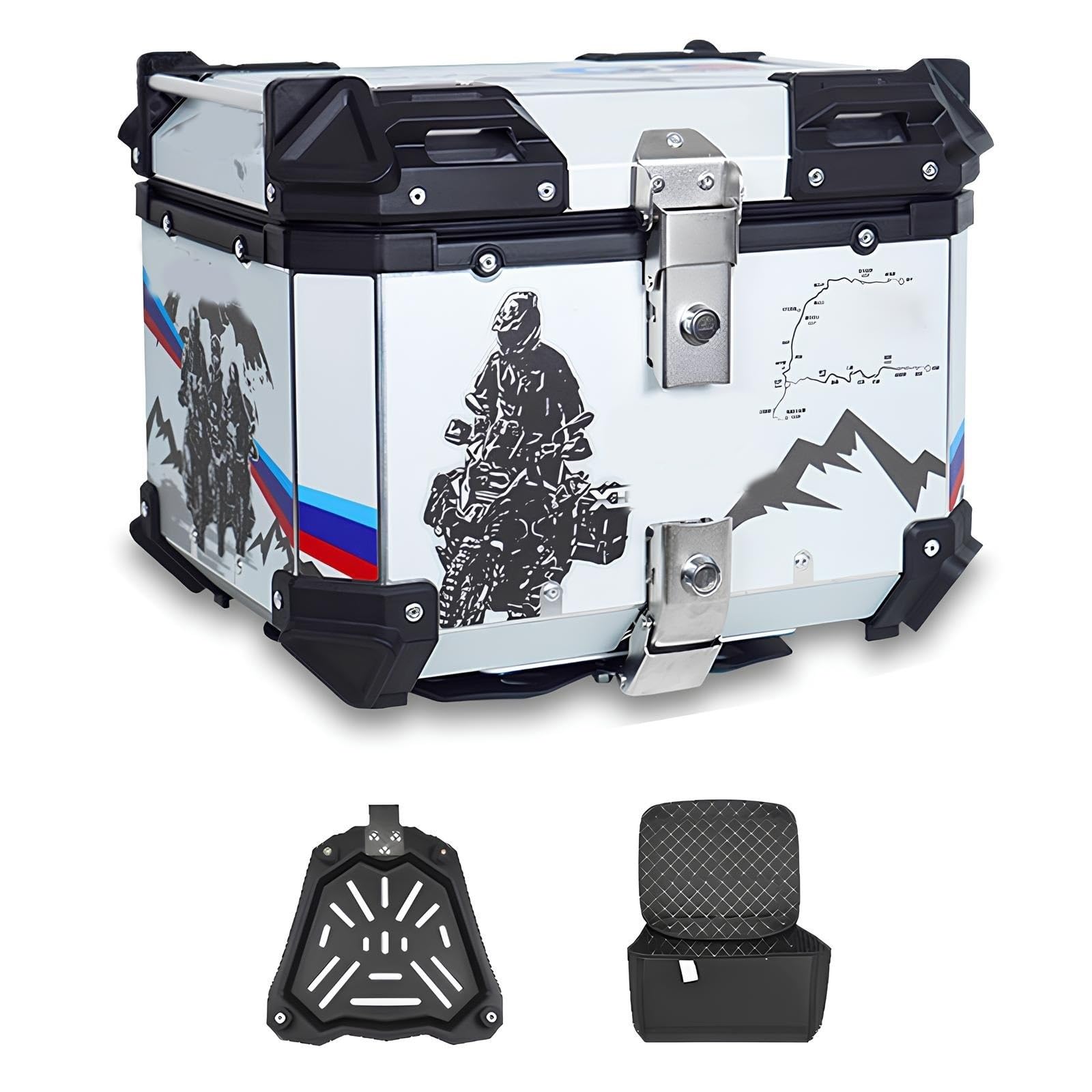 Top case moto en alliage d'aluminium argent 55L avec serrure de sécurité