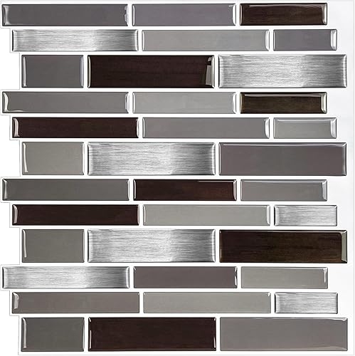 Rvhouse Papel tapiz autoadhesivo 3D de 10 x 10 pulgadas, 10 hojas de azulejos autoadhesivos negros y grises, papel tapiz impermeable para decoración