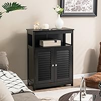 Vista 5 de Tangkula Bathroom Floor Cabinet, Wooden Freestanding Storage Cabinet with Double Shutter Door & Adjustable Shelf, Storage Cabinet for Bathroom Negro