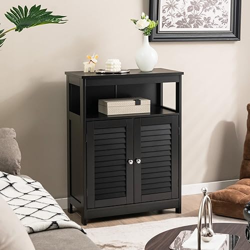 Miniatura 5 de Tangkula Bathroom Floor Cabinet, Wooden Freestanding Storage Cabinet with Double Shutter Door & Adjustable Shelf, Storage Cabinet for Bathroom Negro