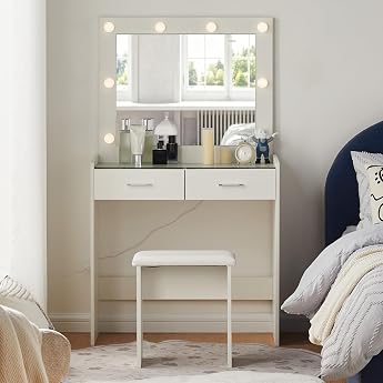 CLIPOP Dressing Table with LED Lighting Adjustable Brightness Dressing Table with Mirror and Stool Cosmetic Table with Tempered Glass Top and 2 Drawers Modern Makeup Table White