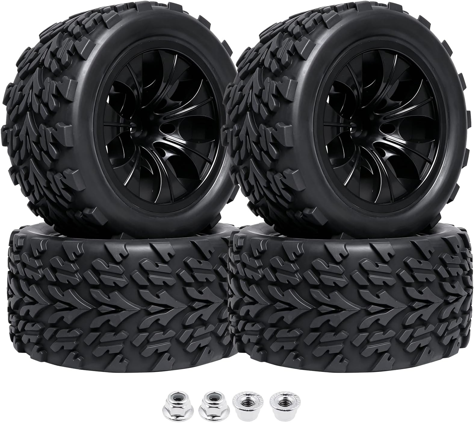 HobbyPark 12mm Hex 1/10 RC Truck Wheels and Tires for Traxxas Rustler 2wd 4x4 VXL Redcat Volcano EPX Blackout XTE Pro fit 3S 4S Brushless (Set of 4)