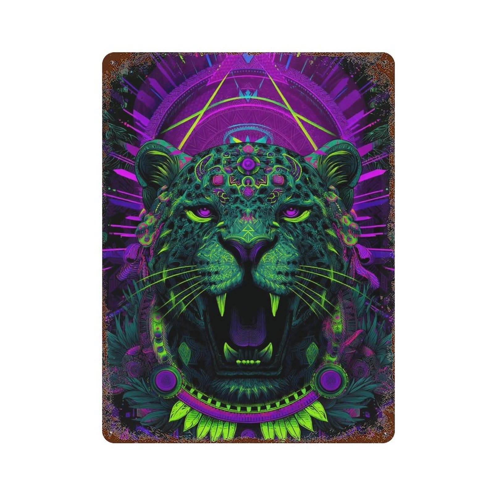 Neon Tiger Art Print Rust Effect Tin Sign 15.7"x11.8", for Farmhouse, Kitchen And Entryway Decor, Decorative Metal Wall Art