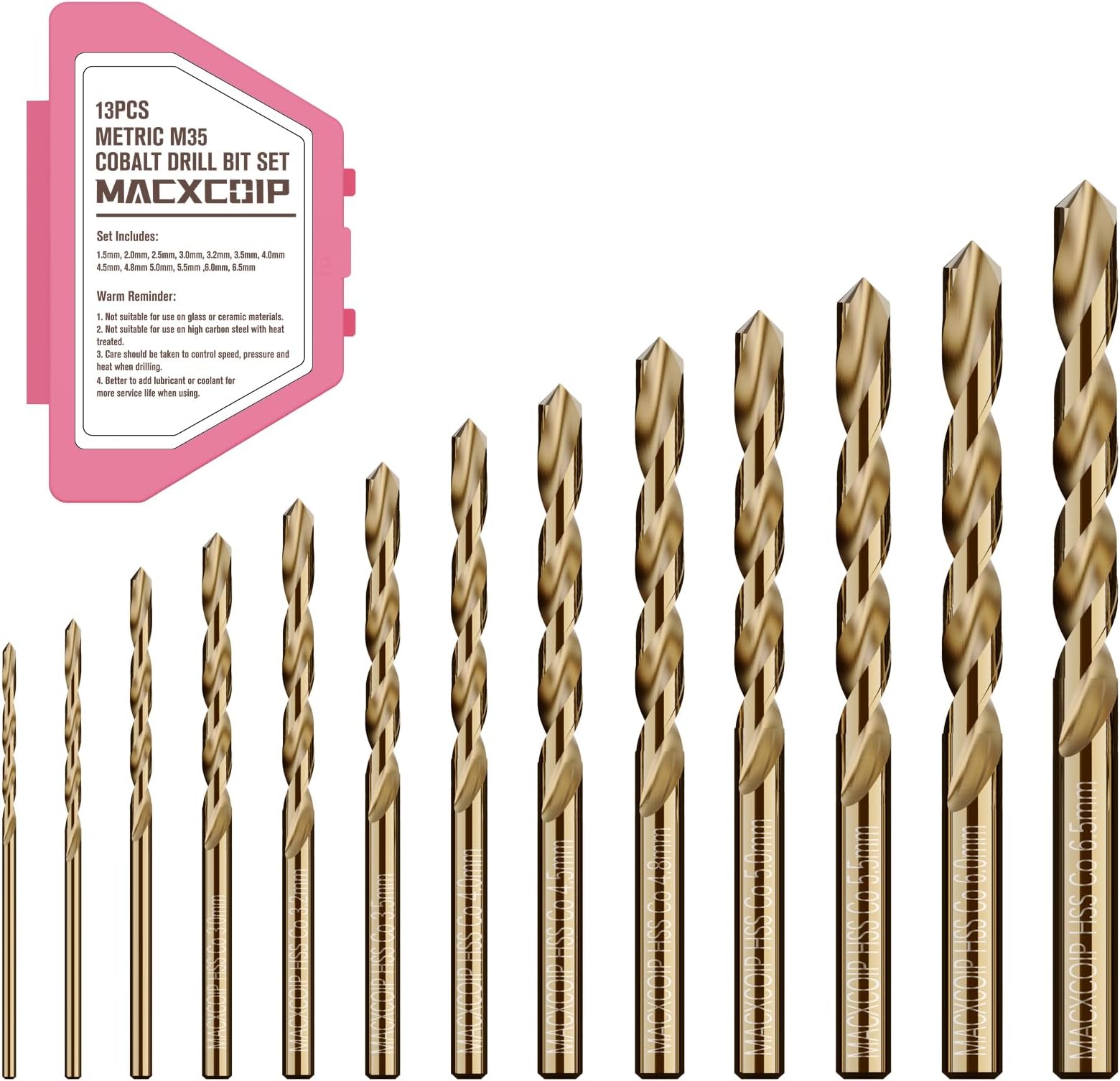 Metric 13Pcs M35 Cobalt Drill Bit Set, 1.5mm-6.5mm HSS Cobalt Jobber Drill Bits, for Hardened Metals, Stainless Steel, Cast Iron and Wooden Plastics, with Plastic Index Storage Box