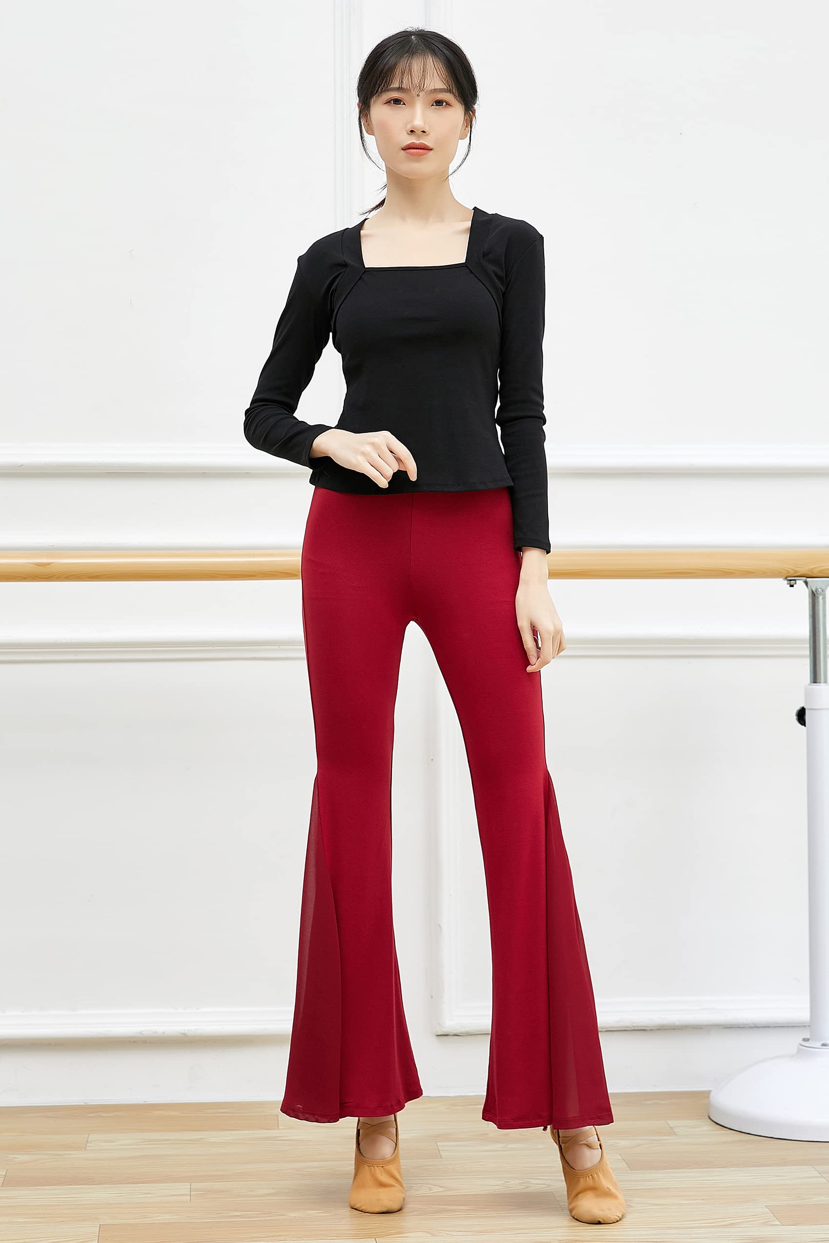 Angcoco Women's Classical Dance Tango Cha Cha Latin Stretch Boot Cut Flared Pants WineRed