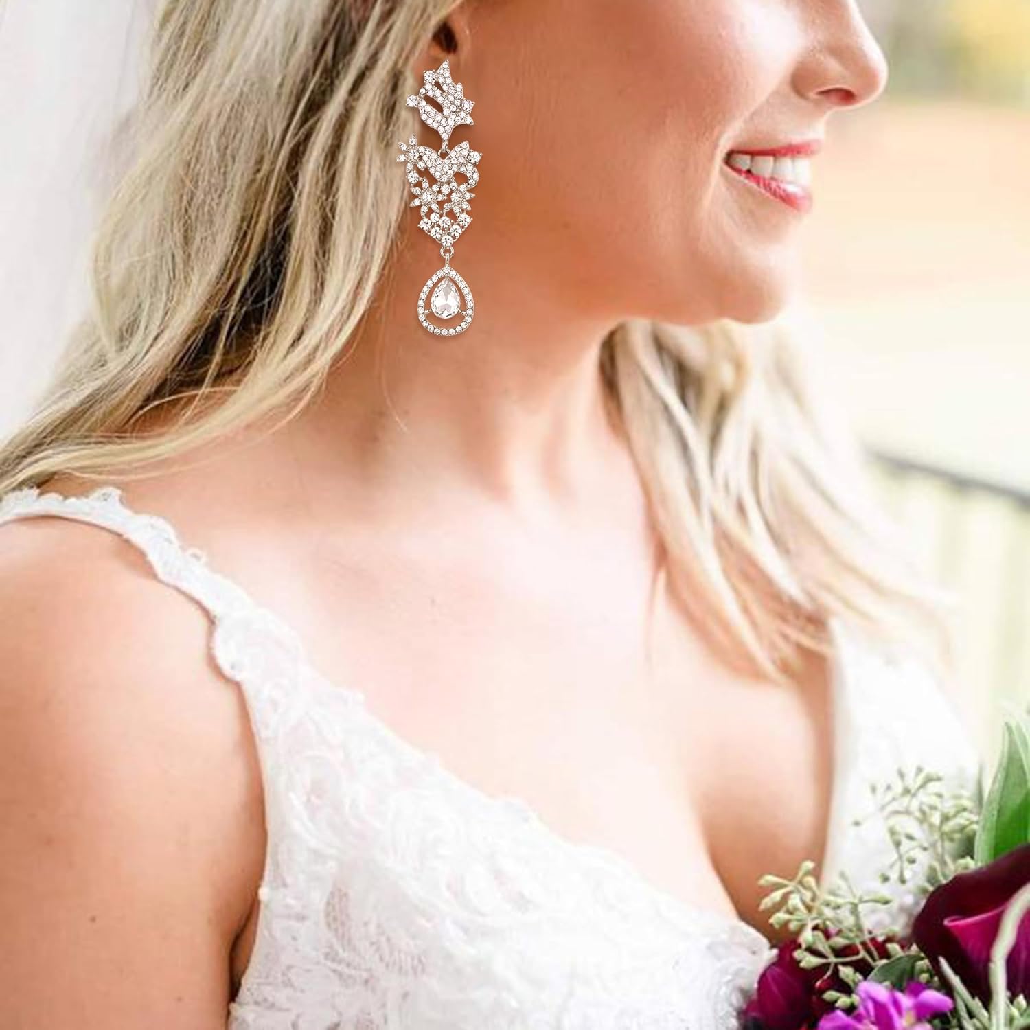 EVER FAITH Statement Dangle Earrings for Women, Costume Wedding Party Jewelry Art Deco Rhinestone Flower Teardrop Boho Chandelier Long Earring - Image 3