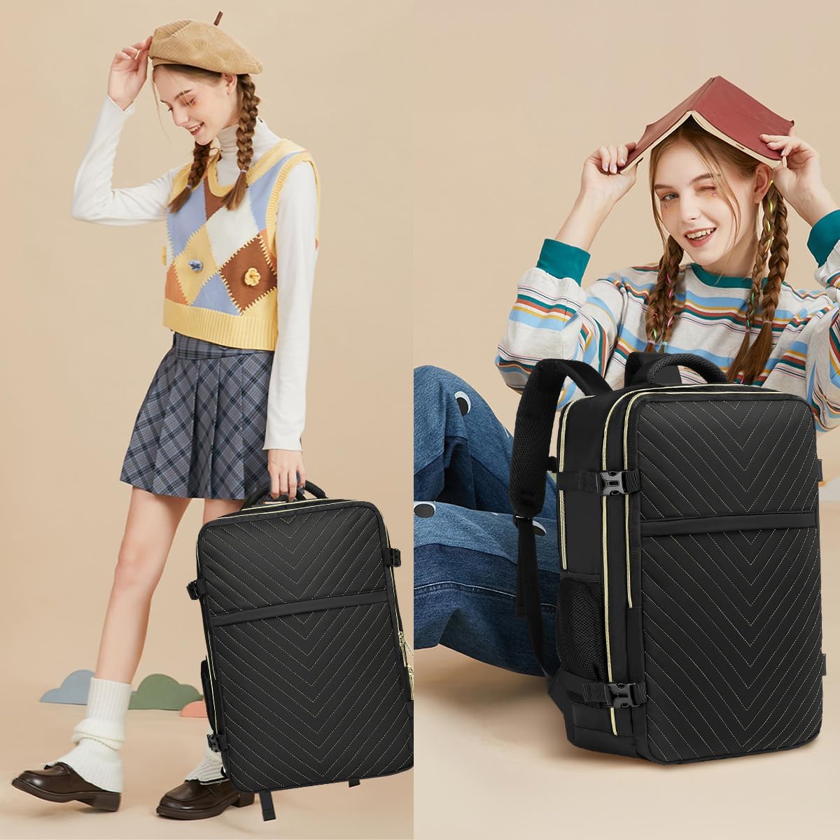 Large Carry On Travel Backpack - Flight Approved Waterproof Luggage Suitcase Backpacks Personal Item Size for Women Men Fit 17 Inch Laptop College Overnight Bag Anti-Theft Weekender Daypack Black Gold