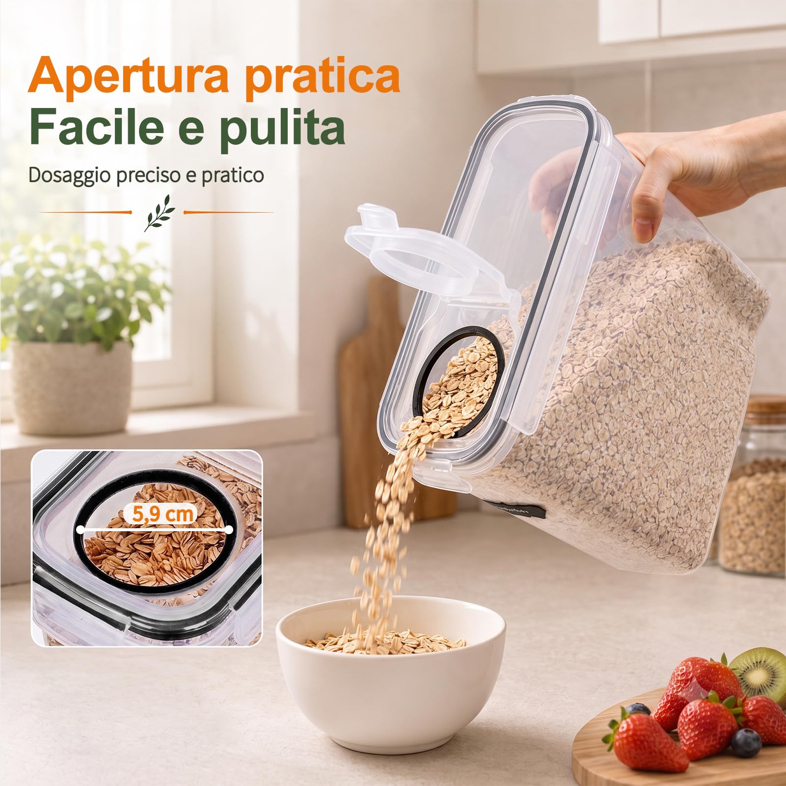 GoMaihe Contenitori Ermetici per Alimenti, 6 x 4 L, Muesli e Cereali | Una Confezione intera per Contenitore: ca. 750 g di Muesli o Cornflakes, 1,5 kg di Fiocchi d’avena, 2 kg Farina; Senza BPA