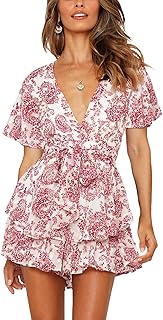 Women's Floral Rompers Jumpsuits V Neck Short Baggy Sleeve Waist Tie Dou...