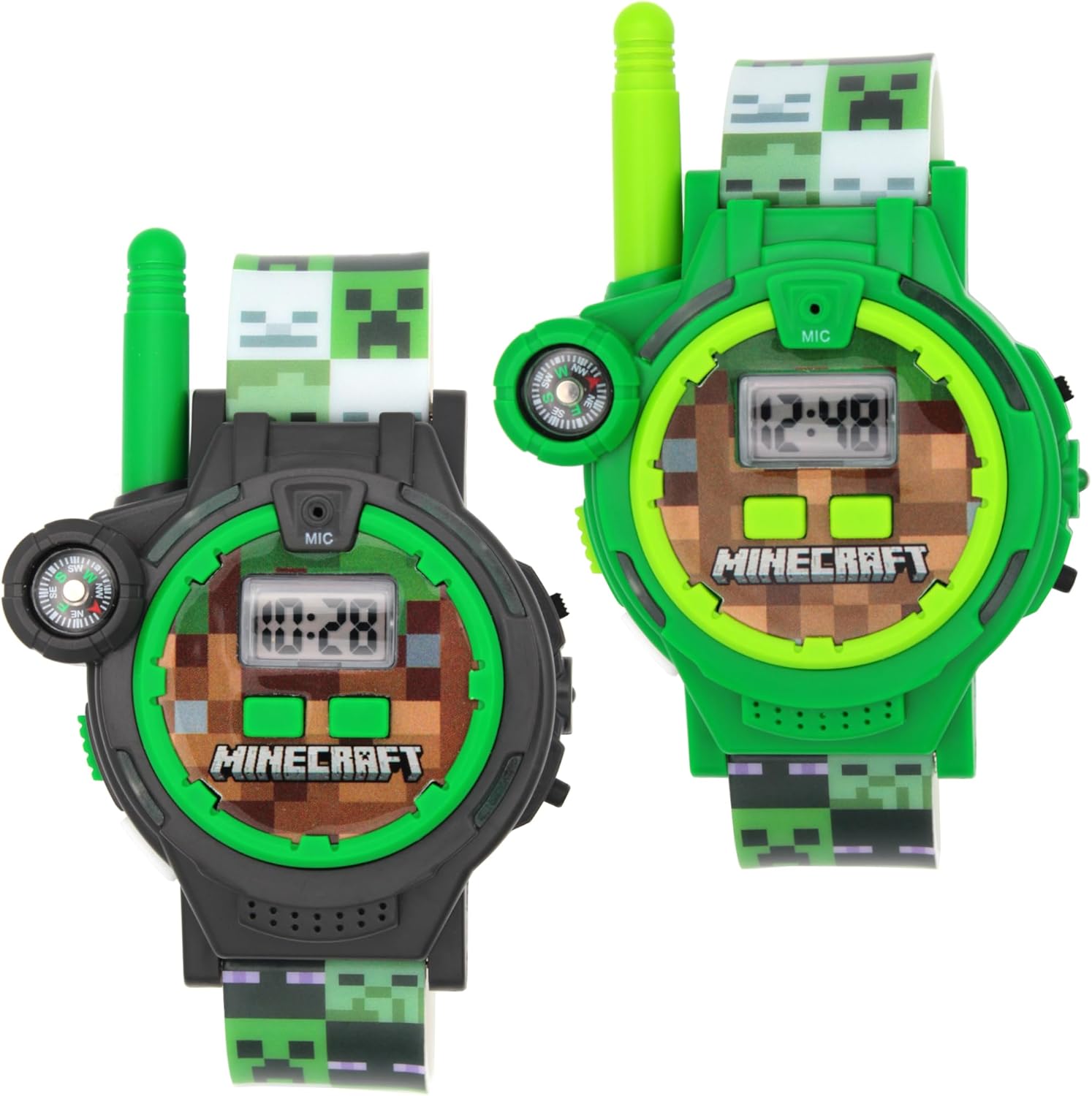 Angled front view of two Minecraft Walkie Talkie Watches, one black and one green, showing the digital display and compass feature.