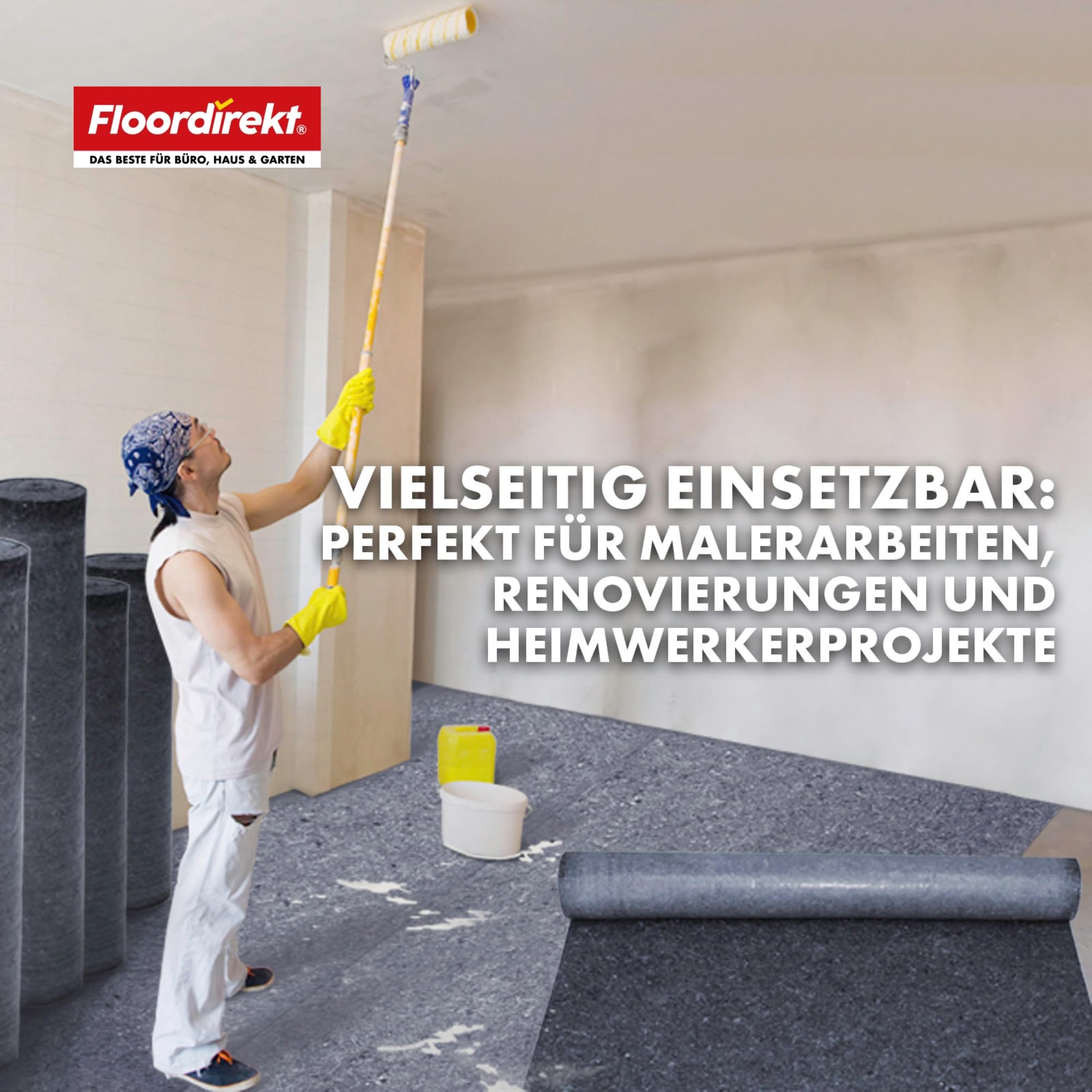 Floordirekt Malervlies 10m x 1m – 15 Rollen (150m²) Abdeckvlies 180g/m² mit Anti-Rutsch Beschichtung, wiederverwendbares Maler Abdeckvlies für Boden & Renovierung
