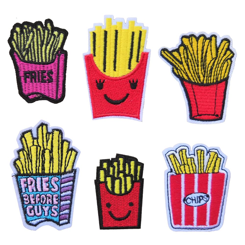 6 PCS Cartoon French Fries Patch Food Sneak Fabric Applique Kids Children Embroidered Iron On Patches