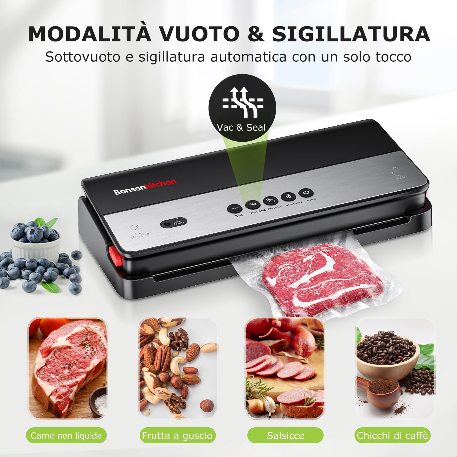 Bonsenkitchen Macchina Sottovuoto per Alimenti, Tagliapasta Incorporato e Rotoli per Sacchetti Sottovuoto e Starter Kit, Dispositivo di Aspirazione Esterno, con 50 sacchetti sottovuoto