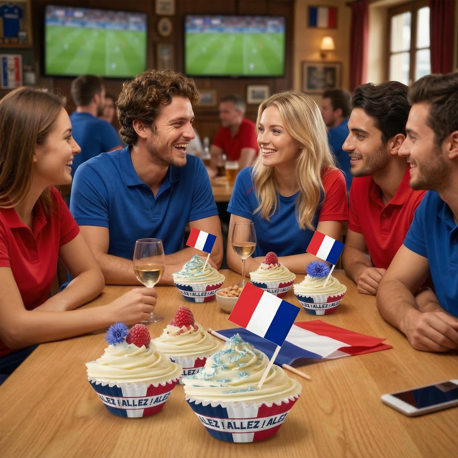 France Cupcake Cure Dents et Drapeau, Mini Cure Dents Couleurs du Drapeau, Caissettes Noirs Rouges Dorés, Idéal Coupe du Monde Fête Football