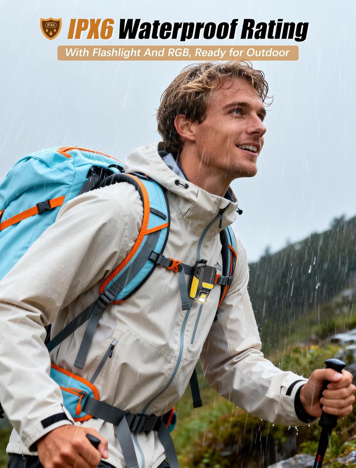 Man hiking in rain with GBEAST speaker clipped to backpack