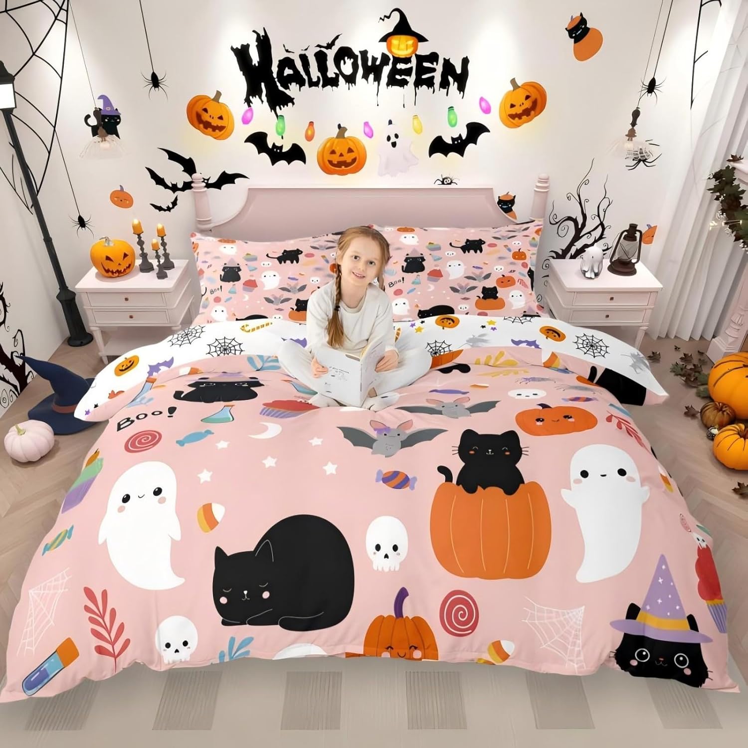 Erosebridal Happy Halloween Bedding Set Twin Size Pumpkin Lantern Duvet Cover, Gothic Comforter Cover Witch Hat Ghost Quilt Cover for Kids Child Halloween Decor Nightmare Before Christmas Decor Pink Multi 02 Twin(No Comforter)
