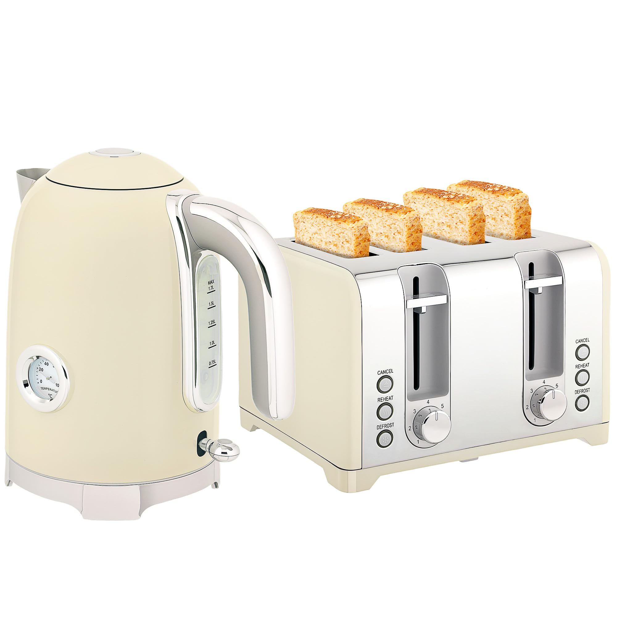 Homcom Cream 3000W 1.7L Kettle With Retro Thermometer 4 Slice Toaster Set