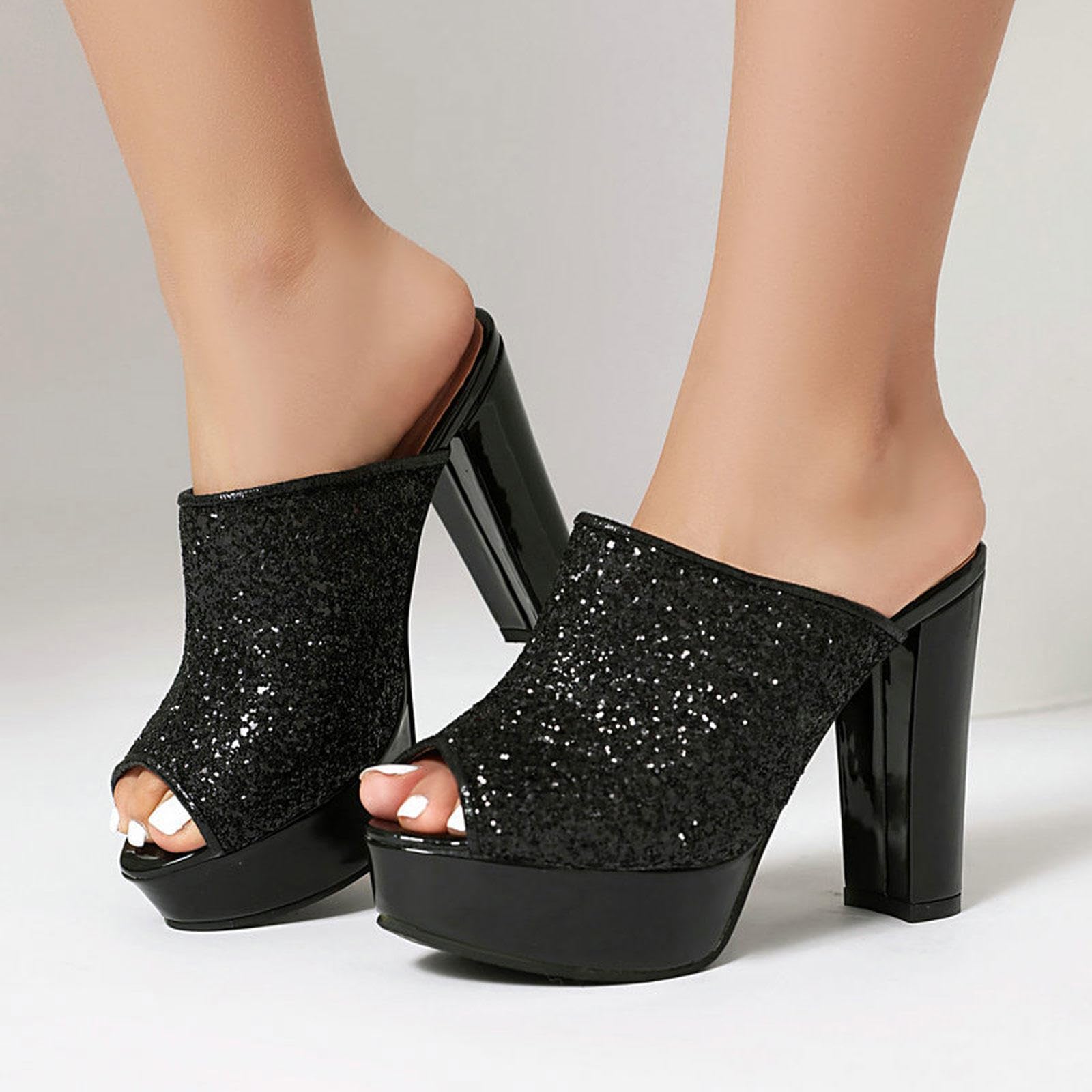 Tacchi Alti Donne Piattaforma Open Toe Muli Sandali Paillettes Slip On Tacco Grosso Pompe Abito Partito Scarpe 11,5cm,Black-43