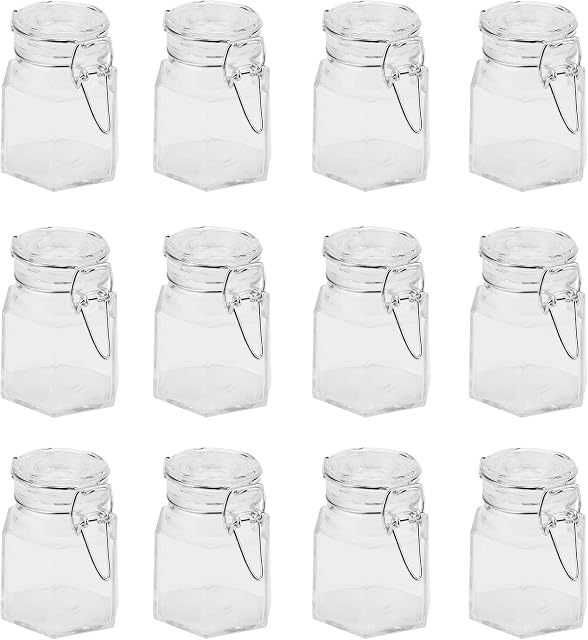 Hexagonal Spice Jars - Set of 12 | Clip Top Mini Glass Jars | Preserve Jar Set | Airtight Herb & Spice Storage | Jam Jars & Storage | Small Pots | M&W