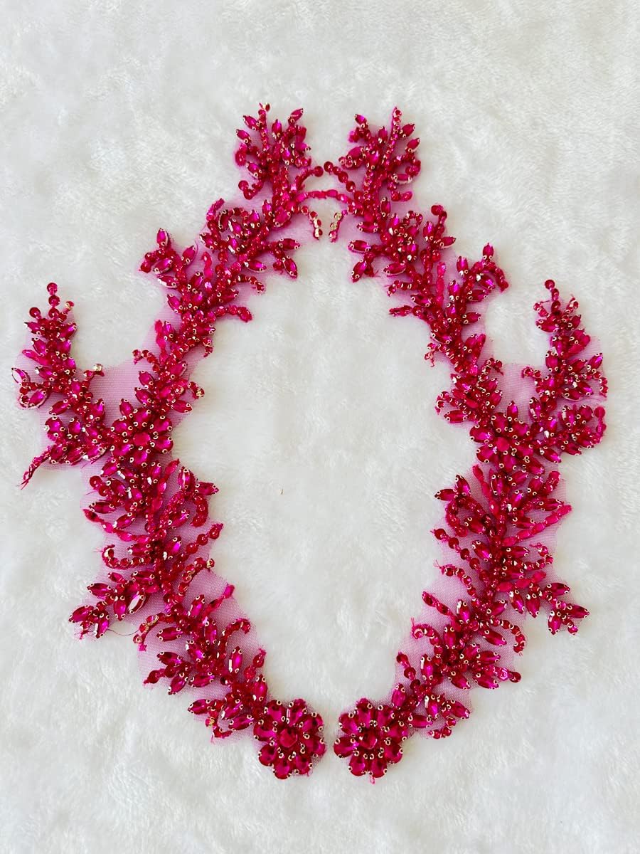 Hand-Made Glass Rhinestons DIY Clothing Appliques Patch Beads Applique for Jeans Jacket Dress Bags and Other DIY Projects Decoration Beading Flower Applique by Pair (Rose red)