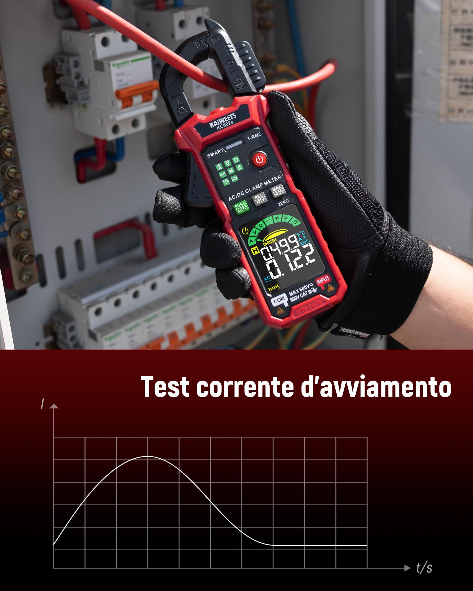 KAIWEETS Pinza Amperometrica Digitale 600A TRMS, Auto Misurazione Intelligente, 6000 Counts, Corrente e Tensione AC/DC, NCV, Corrente di Spunto, Resistenza, Capacità, Temperatura, Test Diodi e Continu