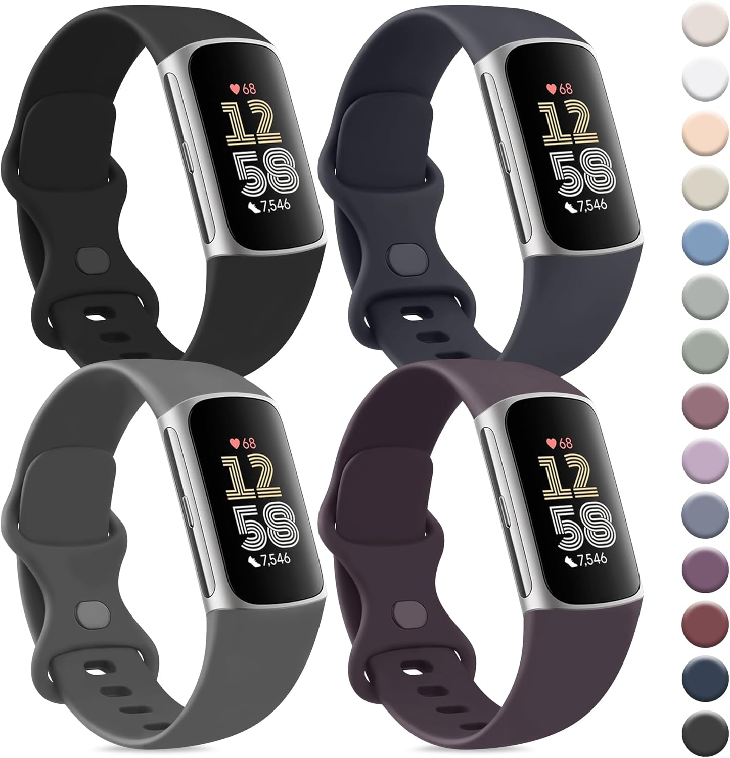 Vancle Band Compatible with Fitbit Charge 6 Bands Women Men[4 PACK], Classic Soft Replacement Sport Straps Wristbands for Fitbit Charge 5 Fitness & Health Tracker