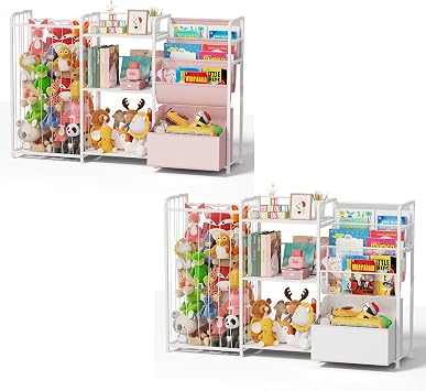 BBLIKE 3in1 Stuffed Animal Storage Organizer - Toy Storage with Kids Bookshelf & Large Plushies Holder for Kids Room - Multi-Functional Furniture for Nursery, Bedroom, and Playroom, White & Pink