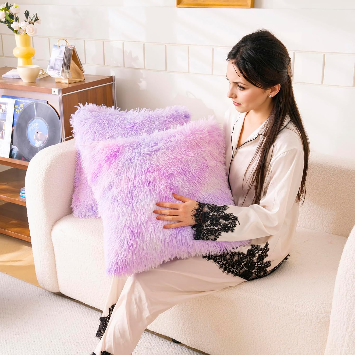 Faux Fur Tie Dye Purple Throw Pillow Covers, Fluffy Soft Fuzzy Decorative Pillow Cases Cute Pillowcases for Home Bedroom Living Room, Zipper Closure, Set of 2 (Tie Dye Purple, 18"x 18") image 4