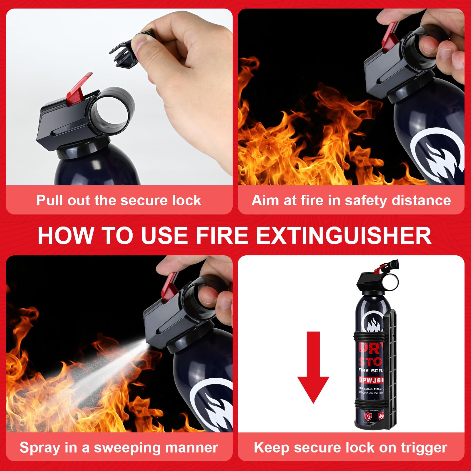 4 Pack Dry Powder Fire Extinguisher - Portable Dry Chemical Fire Extinguisher for Home, Car, Garage, Kitchen - Works on Electrical, Grease and More